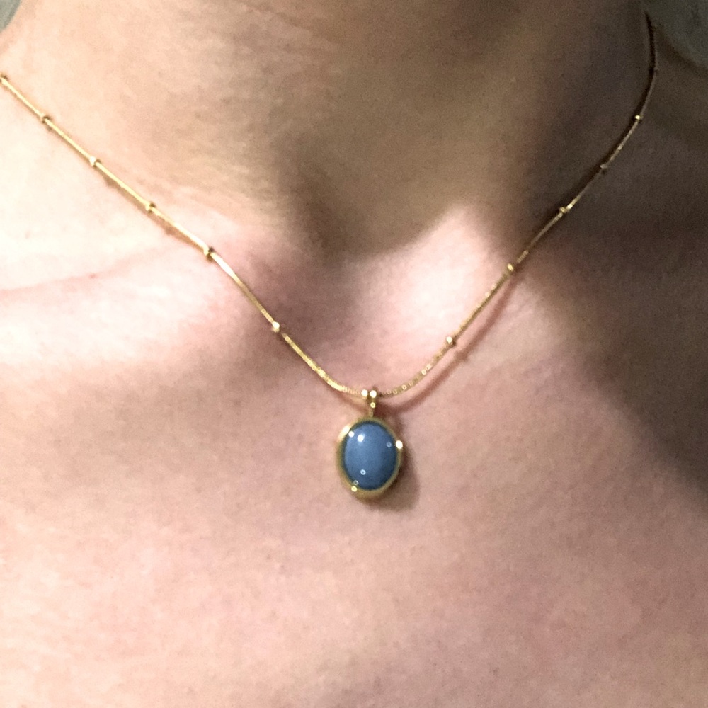 NEW Aquamarine Oval Necklace with 18K Gold Plating; 2 inch adjustable length 🤍